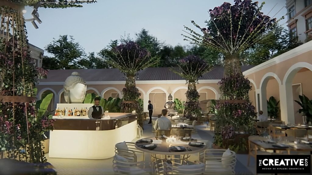 Transformámos um claustro arquitetónico clássico num autêntico oásis urbano que alia a frescura tropical à serenidade de inspiração oriental. Este projeto de design de espaços comerciais destaca-se pelo equilíbrio perfeito entre a imponência patrimonial do edifício e uma atmosfera lounge íntima e luxuosa.
