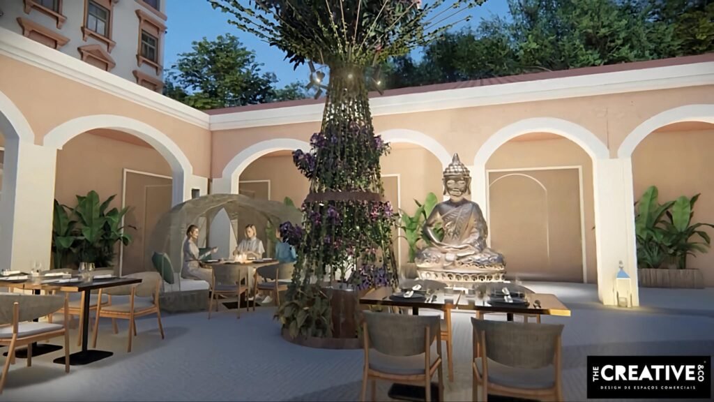 Transformámos um claustro arquitetónico clássico num autêntico oásis urbano que alia a frescura tropical à serenidade de inspiração oriental. Este projeto de design de espaços comerciais destaca-se pelo equilíbrio perfeito entre a imponência patrimonial do edifício e uma atmosfera lounge íntima e luxuosa.