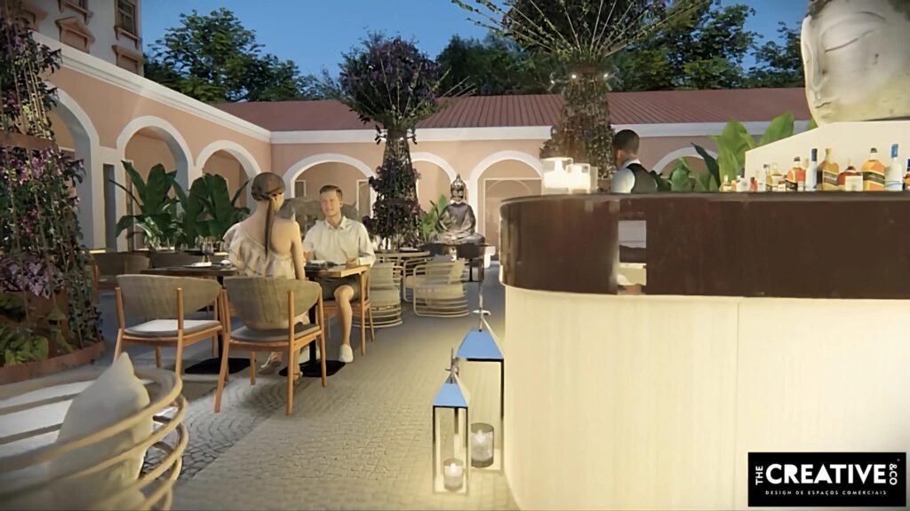 Transformámos um claustro arquitetónico clássico num autêntico oásis urbano que alia a frescura tropical à serenidade de inspiração oriental. Este projeto de design de espaços comerciais destaca-se pelo equilíbrio perfeito entre a imponência patrimonial do edifício e uma atmosfera lounge íntima e luxuosa.