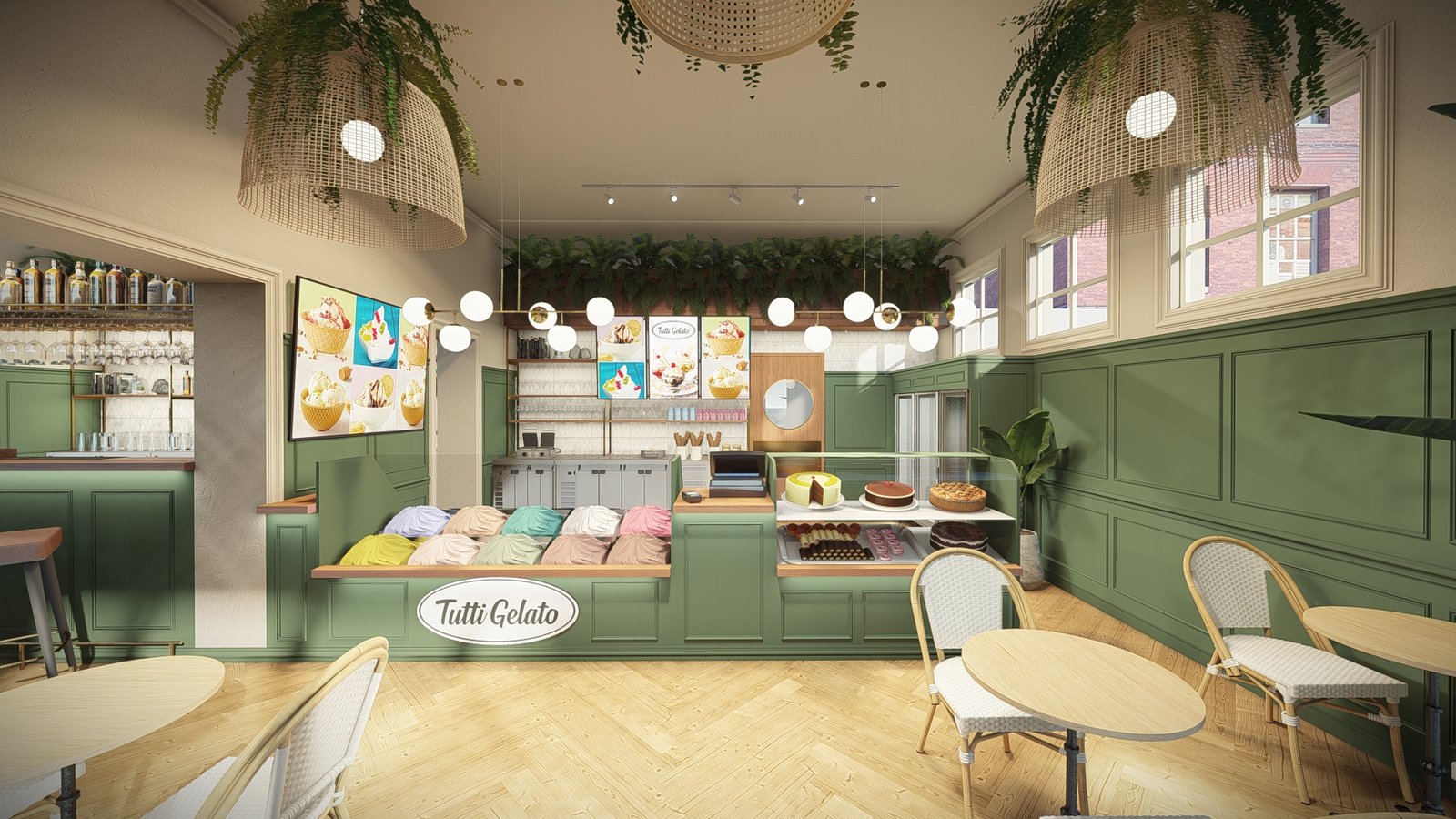 Decoração de espaços comerciais, design de hospitalidade, arquitetura de interiores gelataria, design biofílico comercial, estofos bouclé, Tutti Gelato