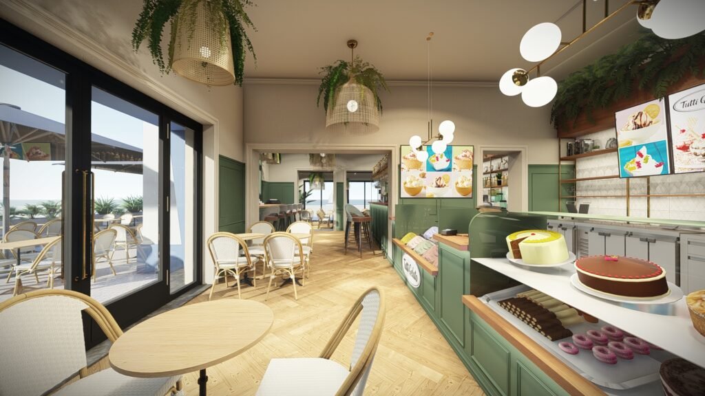 Decoração de espaços comerciais, design de hospitalidade, arquitetura de interiores gelataria, design biofílico comercial, estofos bouclé, TuttiGelato