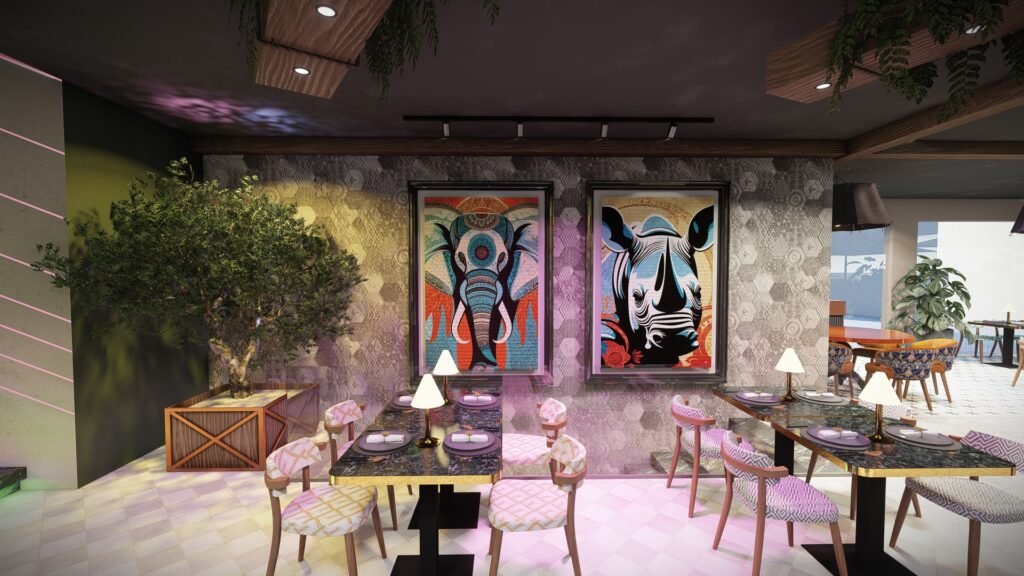 Descubra o projeto de design de interiores comercial da The Creative & Co. Um restaurante de luxo que funde o estilo costeiro com o maximalismo exótico.
