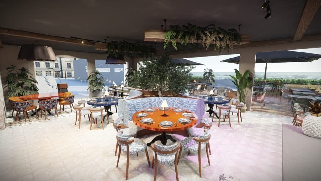 Descubra o projeto de design de interiores comercial da The Creative & Co. Um restaurante de luxo que funde o estilo costeiro com o maximalismo exótico.
