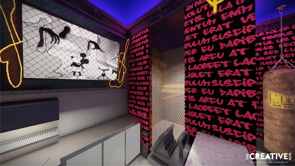 design de bares modernos, decoração estilo pop art industrial, mobiliário para espaços noturnos, iluminação néon comercial, creative portugal bares.