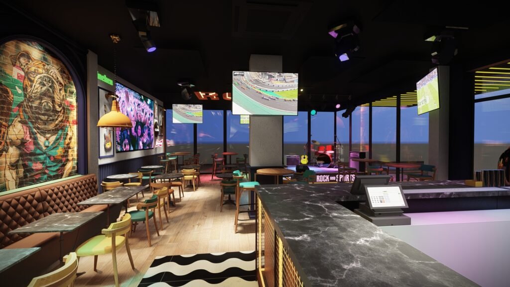 Descubra o projeto Rock & Sports Bar da The Creative & Co. Criamos projetos em 3D e decorações comerciais inovadoras para cafés, pubs e restaurantes em Portugal.
