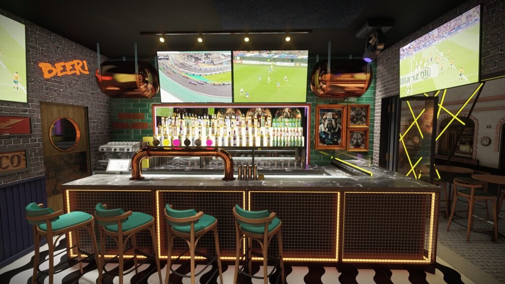 Descubra o projeto Rock & Sports Bar da The Creative & Co. Criamos projetos em 3D e decorações comerciais inovadoras para cafés, pubs e restaurantes em Portugal.