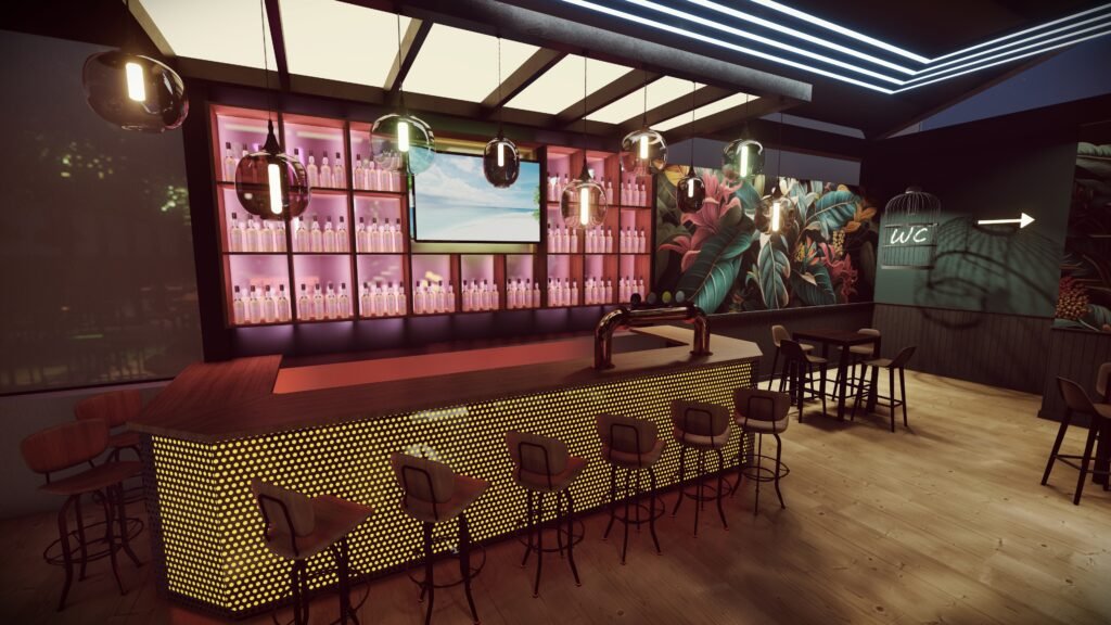 O Bar em apresenta uma decoração vibrante e eclética, que combina características de um pub moderno com toques de iluminação neon para criar um ambiente animado.